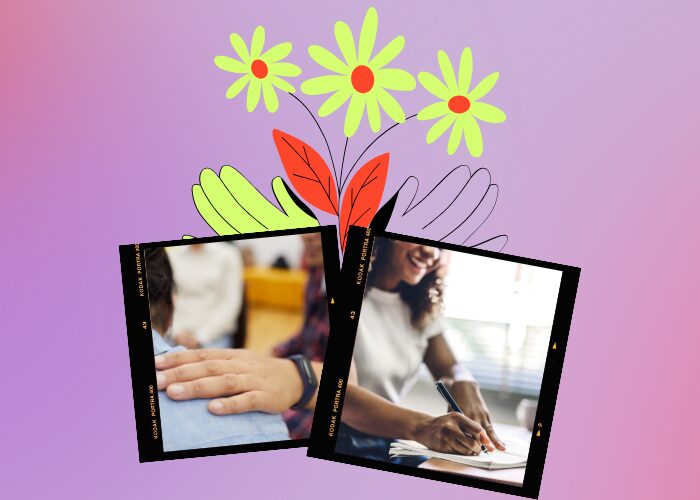 drawing of hands with flowers, photos of people writing and putting hands on each other's shoulders