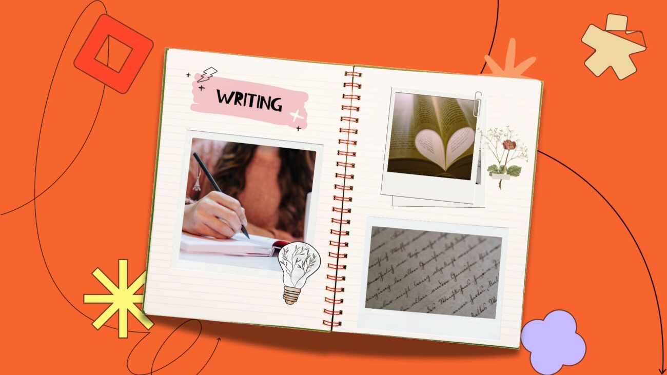 flatlay notebook with polaroid pictures set against an orange background