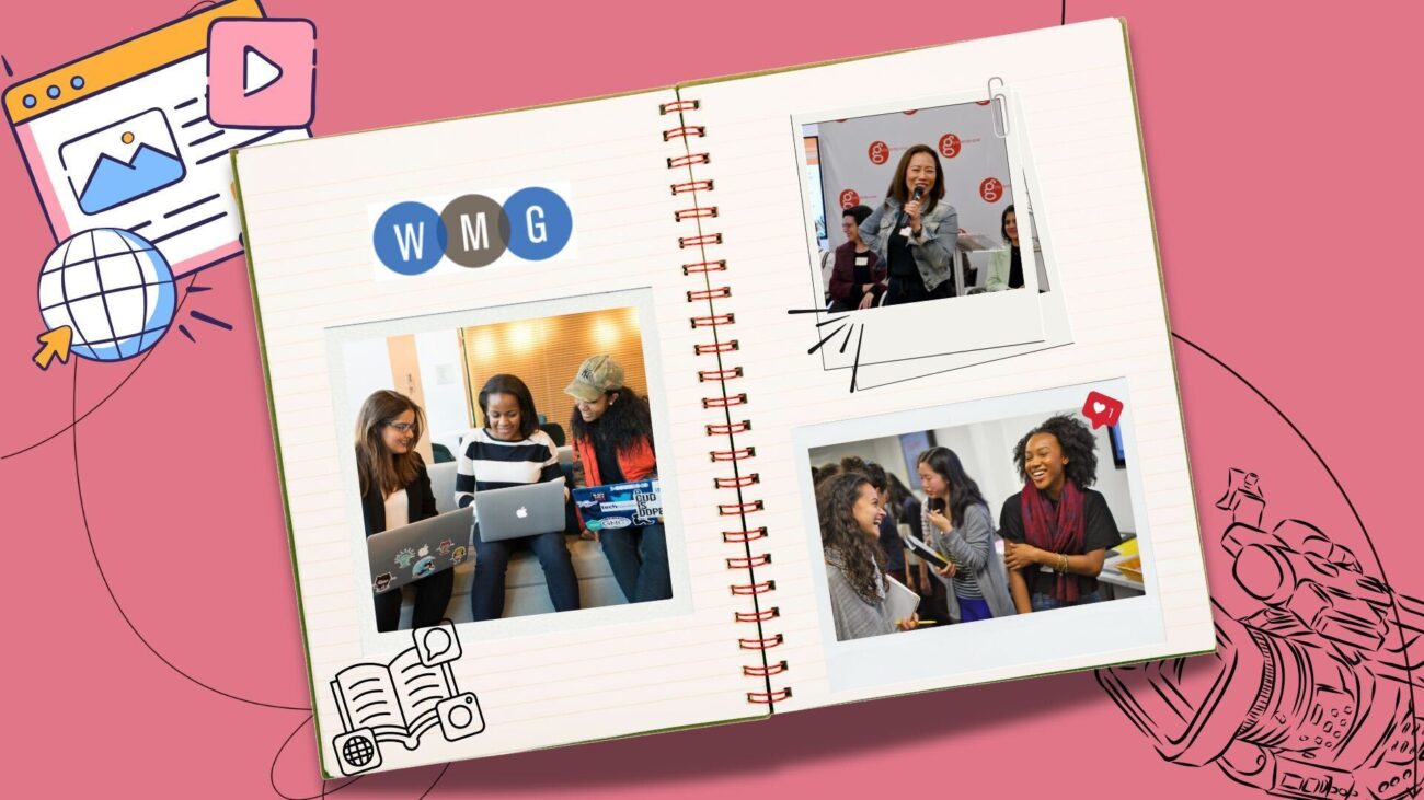 flatlay notebook with polaroids of community members on the pages, set against a salmon background with illustrative elements and Women's Media Group logo