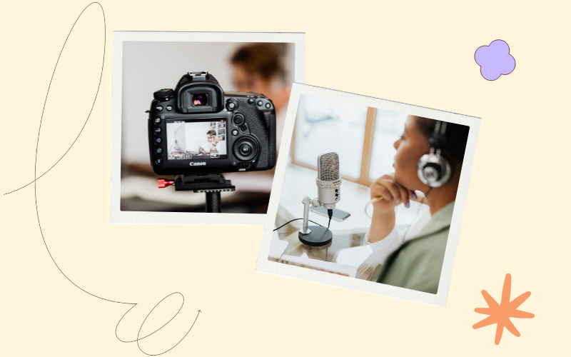 images of people with cameras and headphones on a beige background with doodles