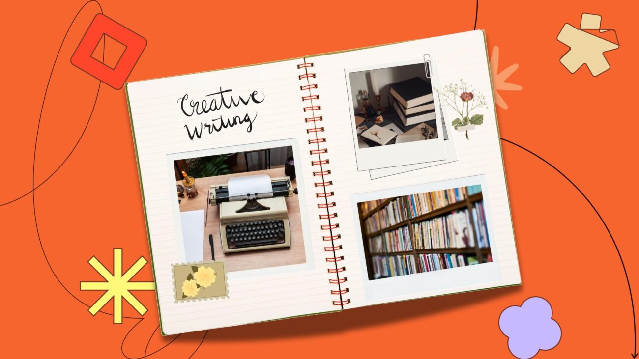 flat-lay notebook with polaroids set against an orange background