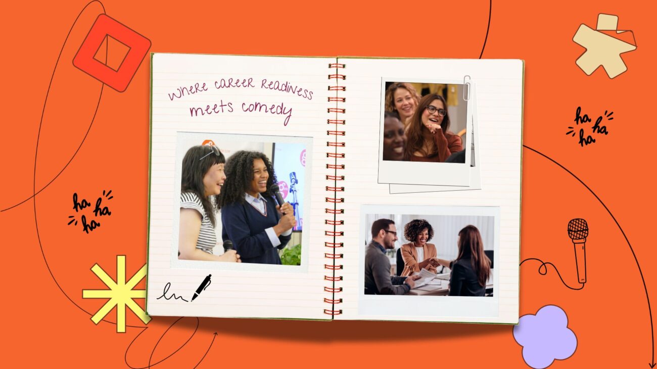 flay-lay notebook with polaroids set against an orange background