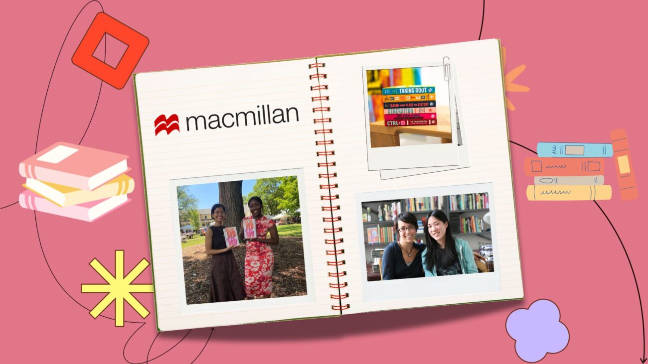 flatlay notebook with polaroids of community members on the pages, set against a salmon background with illustrative elements