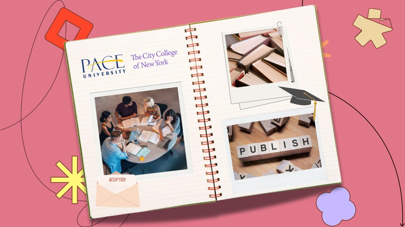 flatlay notebook with polaroid pictures set against a pink background