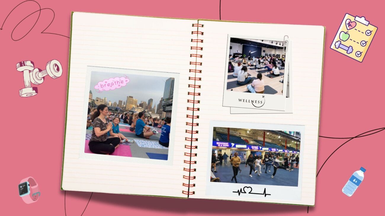 flatlay notebook with polaroids of community members on the pages, set against a salmon background with illustrative elements