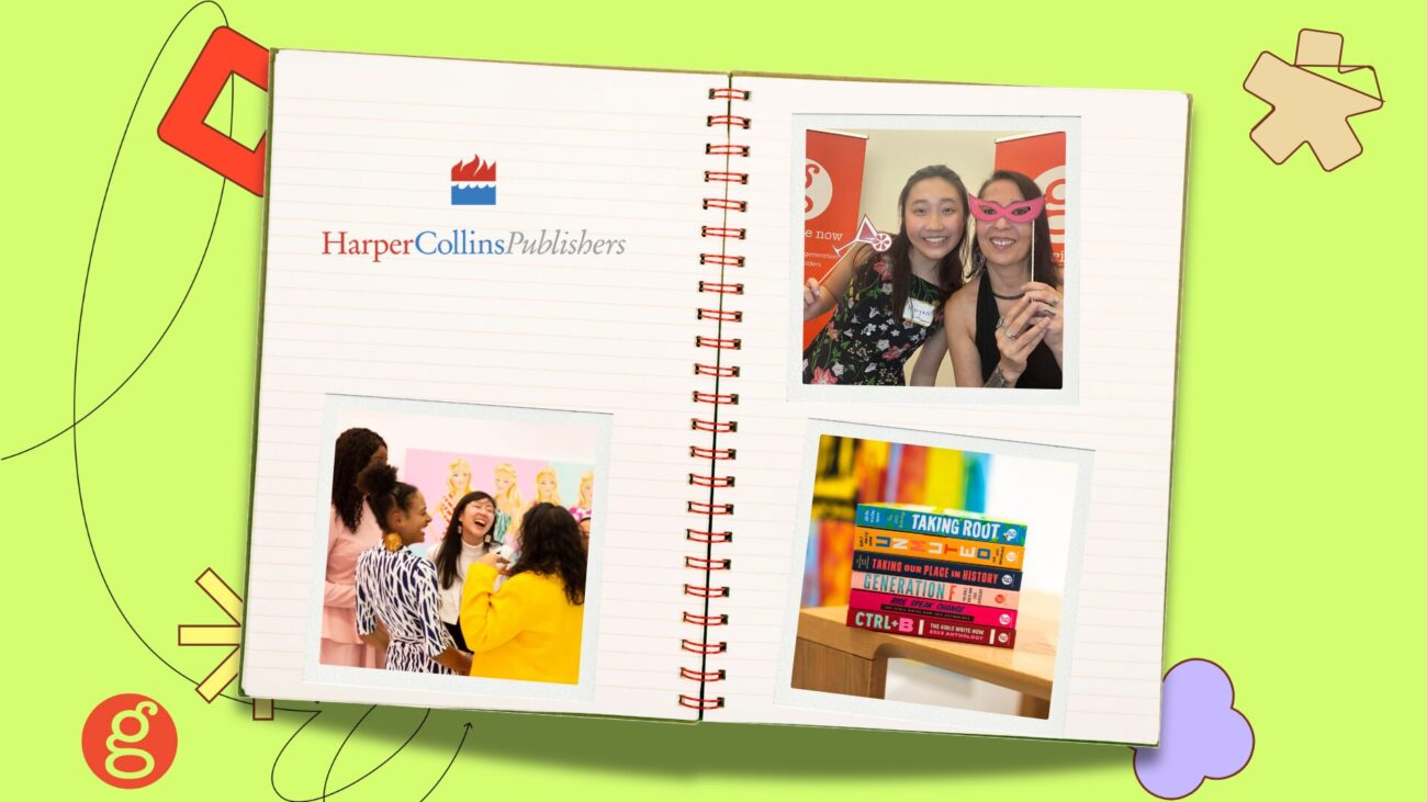 Flatlay notebook with HarperCollins logo and polaroids of GWN community/ anthology books set against a lime green background with graphic elements