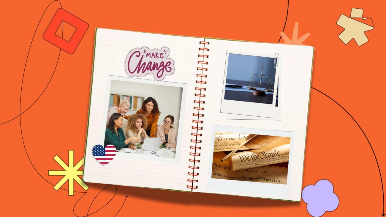 flay-lay notebook with polaroid pictures set against an orange background
