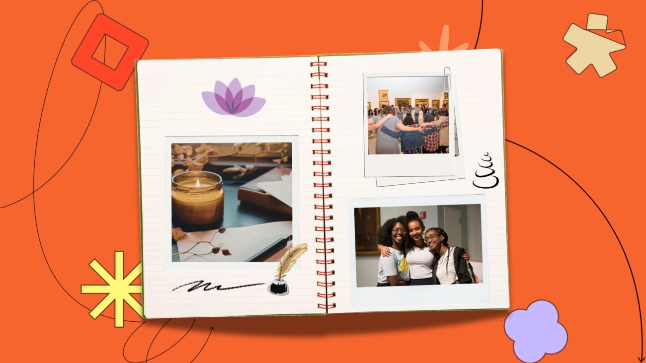flat-lay notebook with polaroids set against an orange background