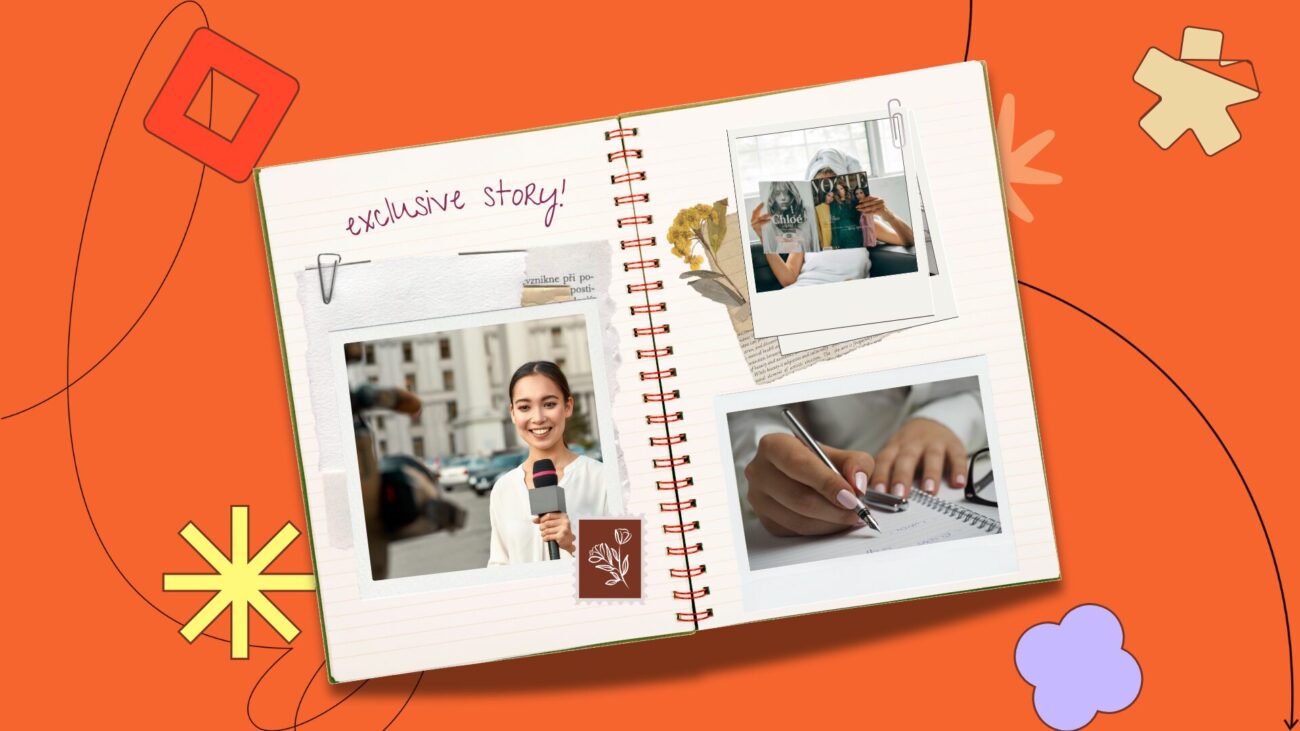 flat-lay notebook with polaroid pictures set against an orange background