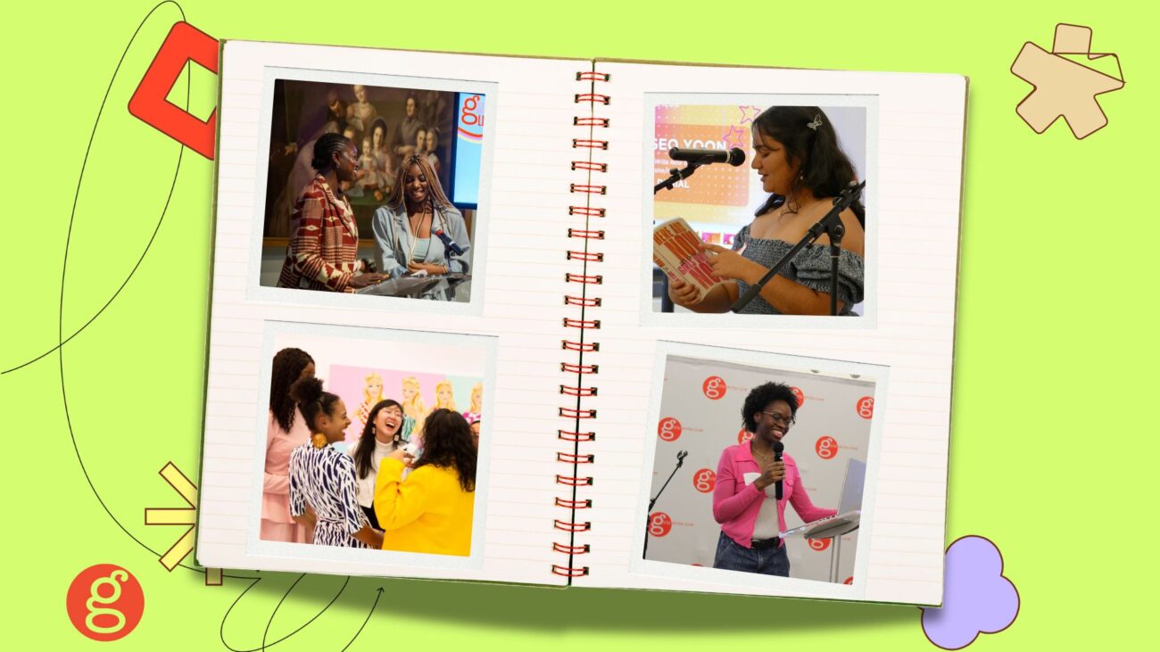 photos of people talking and laughing on the right side of a notebook, photos of mentees in front of mic and podium