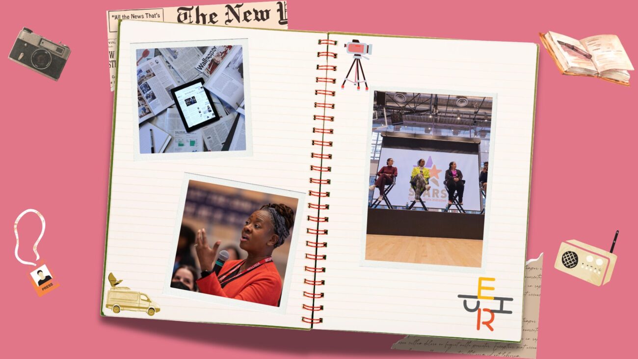 flatlay notebook with polaroids of community members on the pages, set against a salmon background with illustrative elements and Economic Hardship Reporting Project logo.