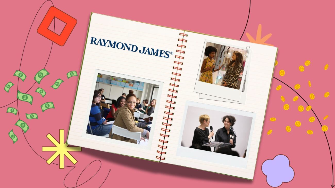 flatlay notebook with Raymond James logo and polaroids of community members on the pages, set against a salmon background with illustrative elements