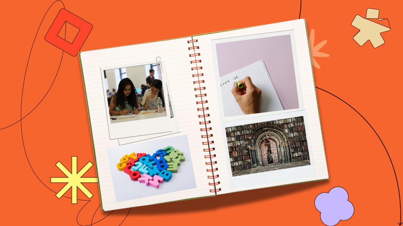 Flat lay notebook with polaroids on an orange background
