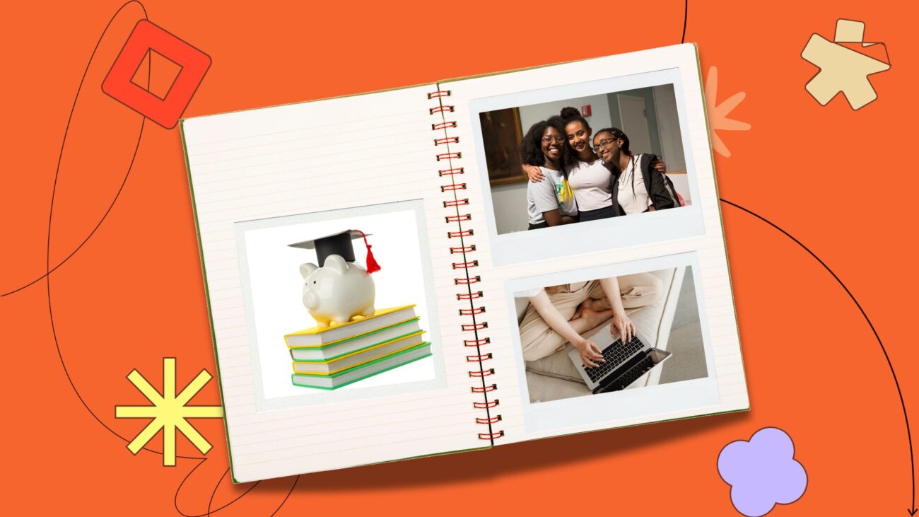 Flat lay notebook with polaroids on an orange background