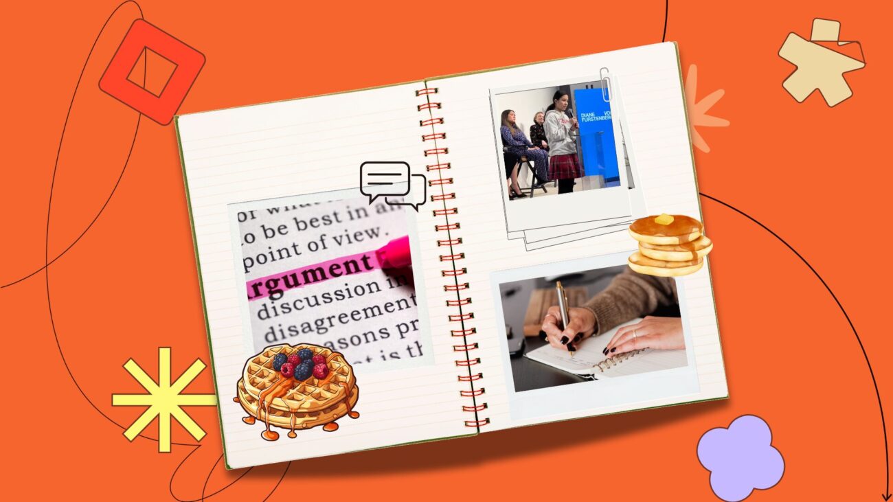 Flat lay notebook with polaroids on an orange background