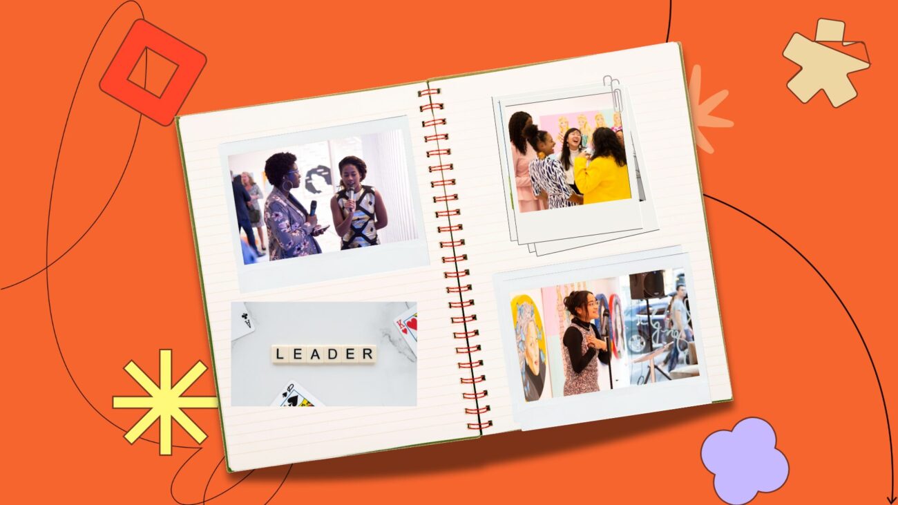 Flat lay notebook with polaroids on an orange background