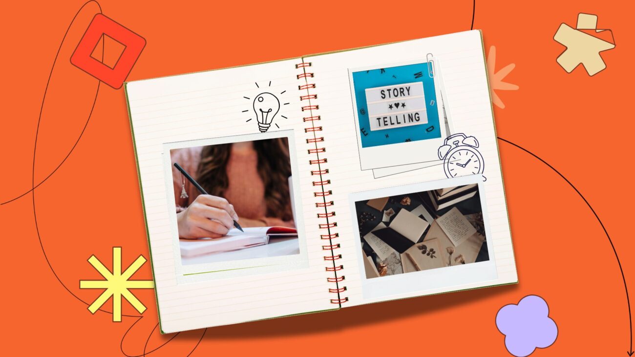 Flat lay notebook with polaroids on an orange background