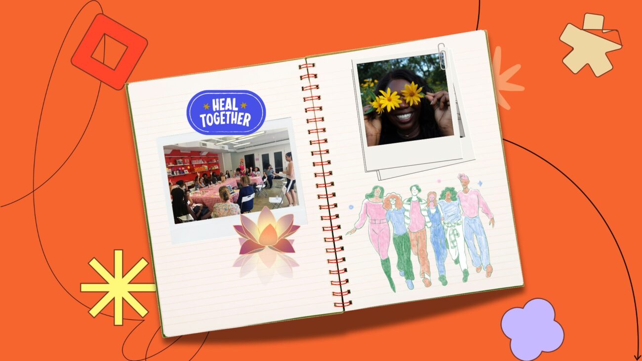 Flat lay notebook with polaroids on an orange background