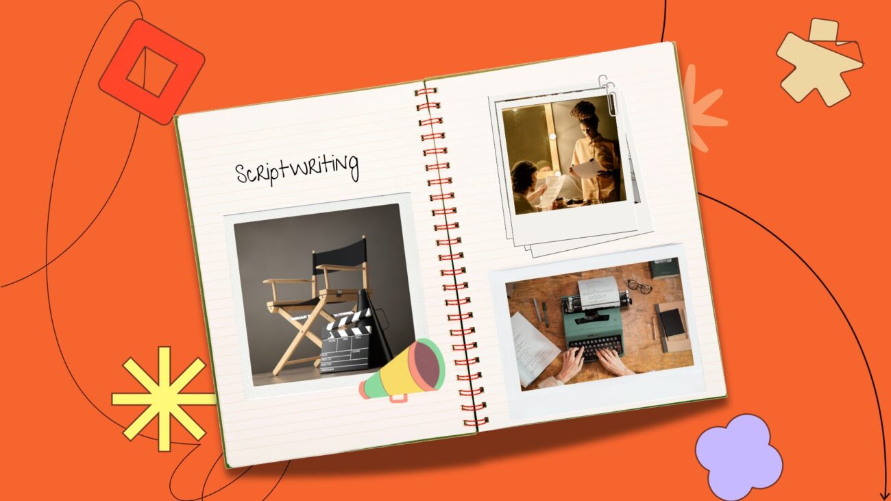 Flat lay notebook with polaroids on an orange background
