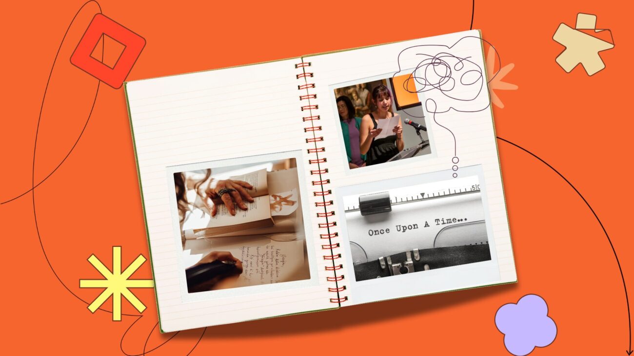 Flat lay notebook with polaroids on an orange background