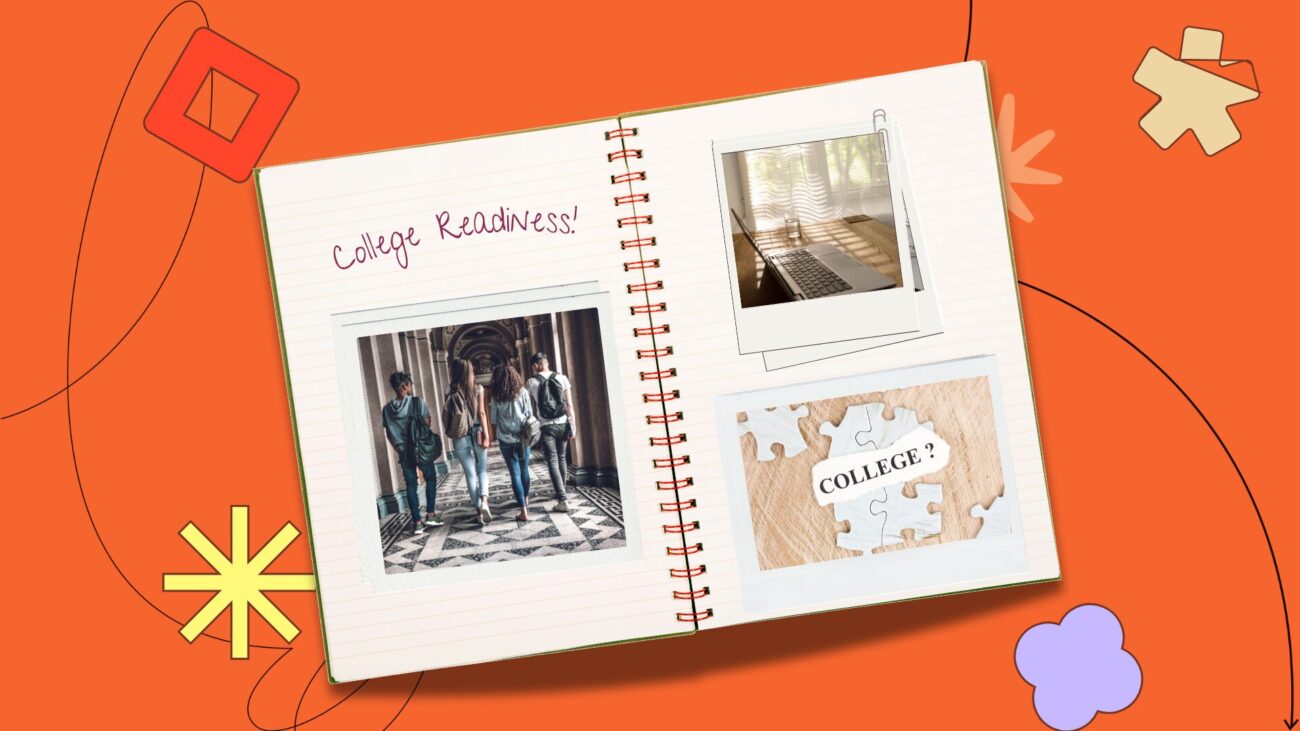 Flat lay notebook with polaroids on an orange background