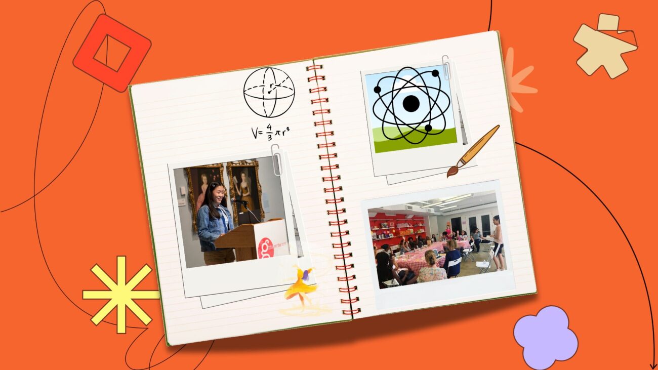 Flat lay notebook with polaroids on an orange background