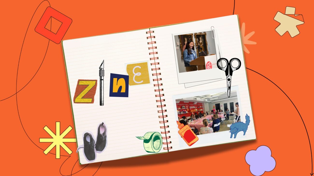 Flat lay notebook with polaroids on an orange background