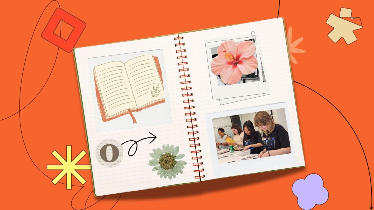 Flat lay notebook with polaroids on an orange background
