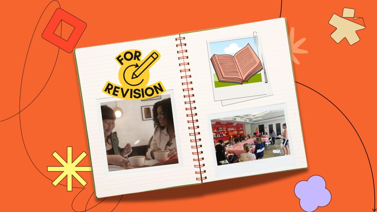 Flat lay notebook with polaroids on an orange background