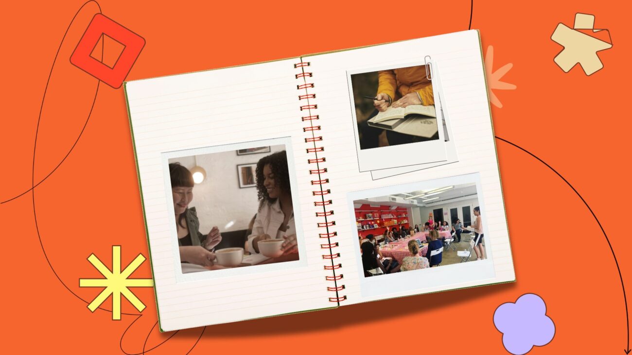 Flat lay notebook with polaroids on an orange background