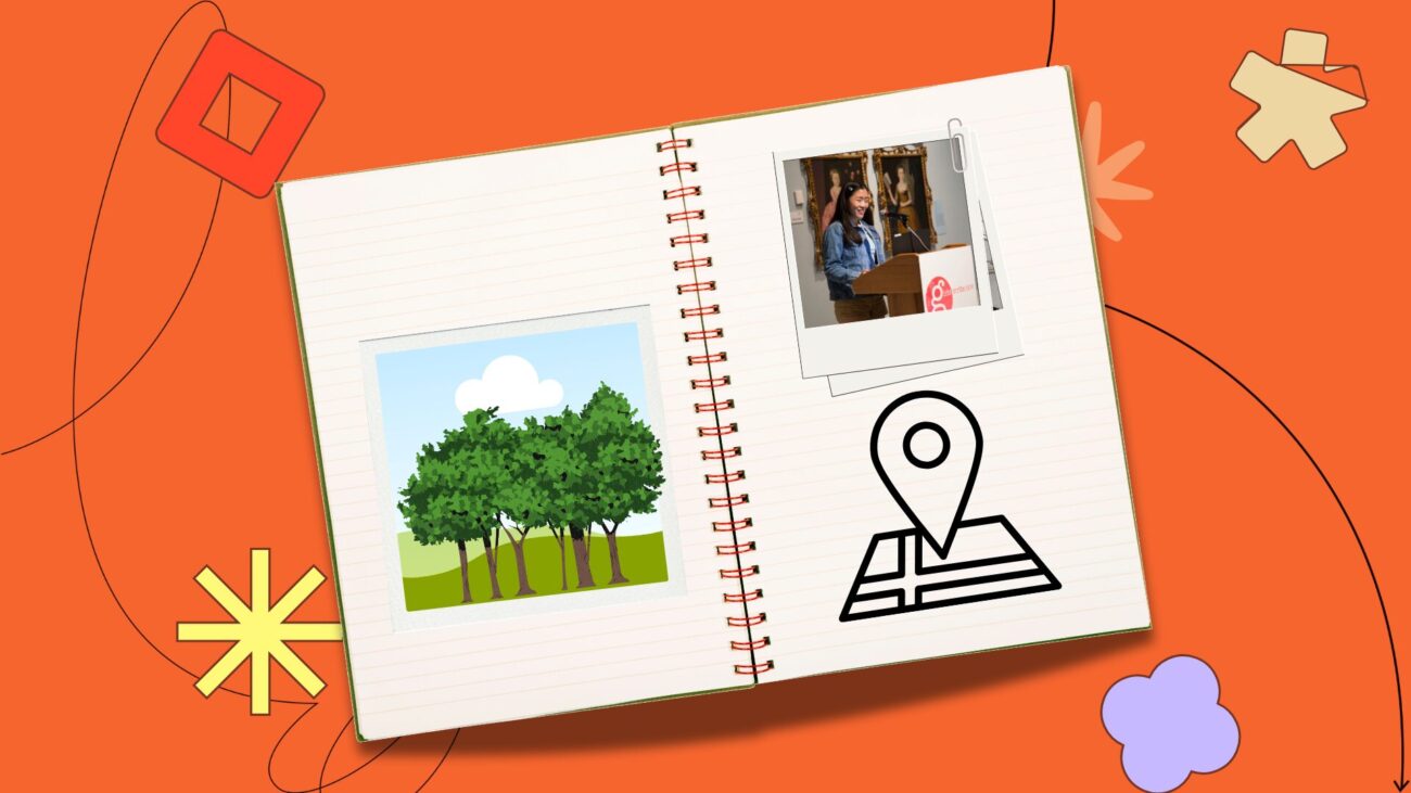 Flat lay notebook with polaroids on an orange background