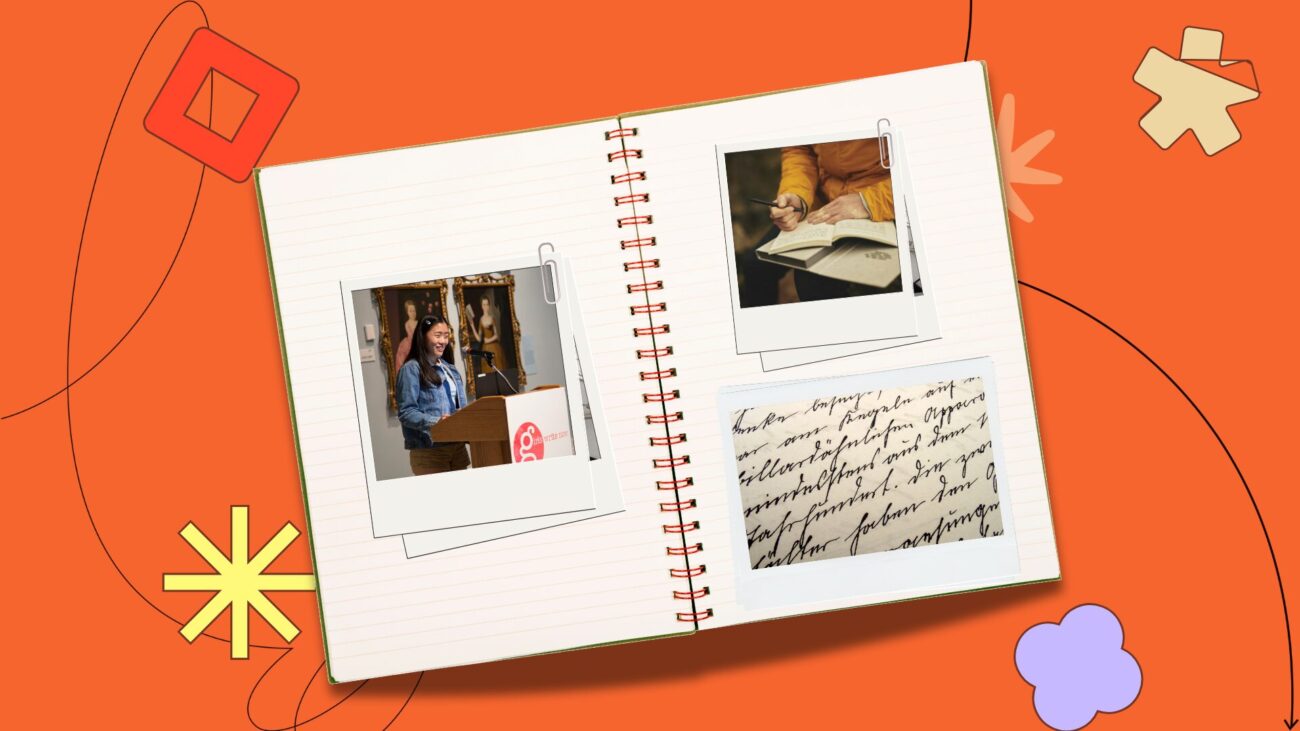 Flat lay notebook with polaroids on an orange background