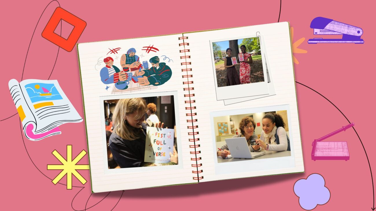 flatlay notebook with polaroids of community members on the pages, set against a salmon background with illustrative elements