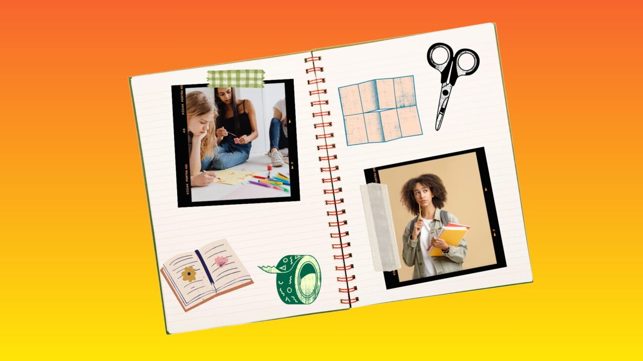 Flat lay notebook with polaroids on an orange background