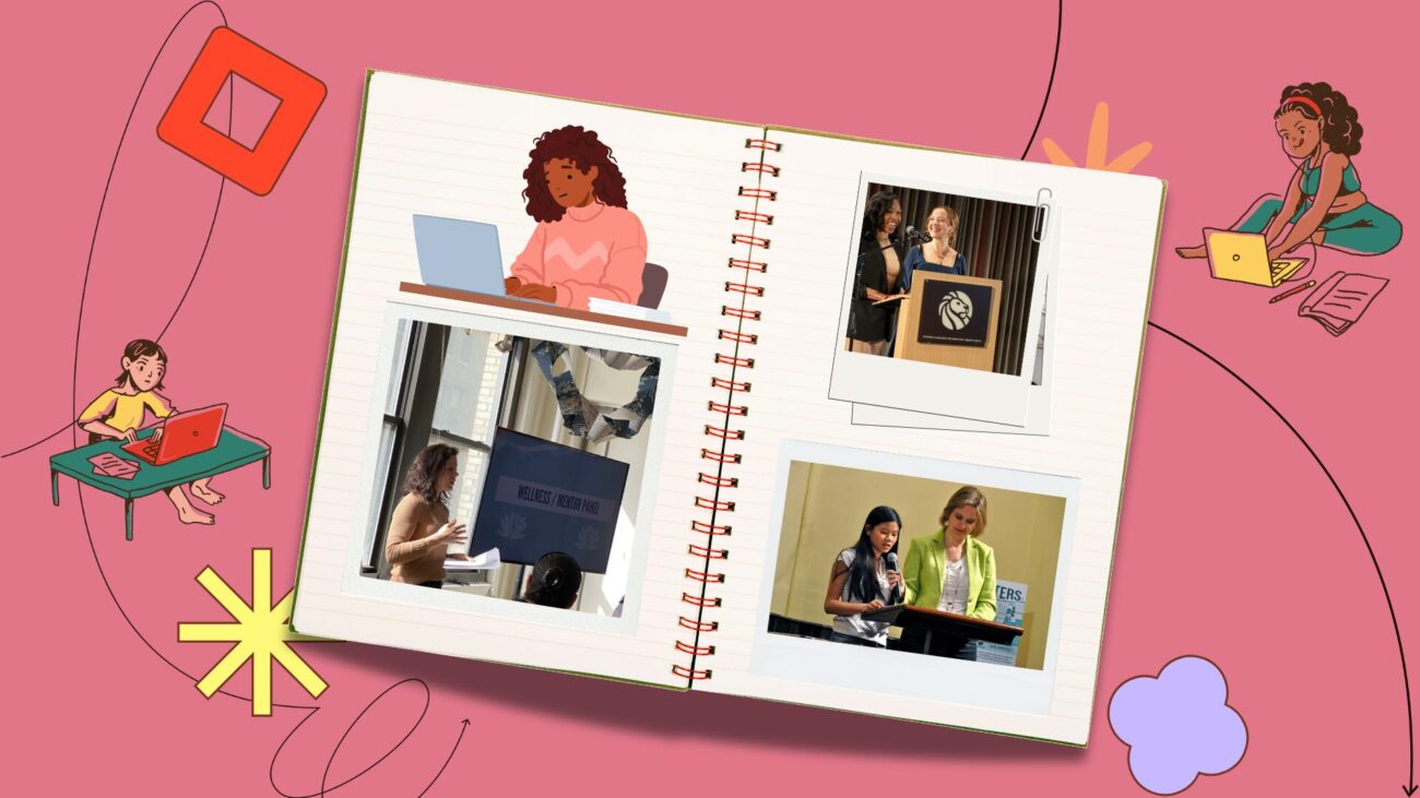 flatlay notebook with polaroids of community members on the pages, set against a salmon background with illustrative elements.