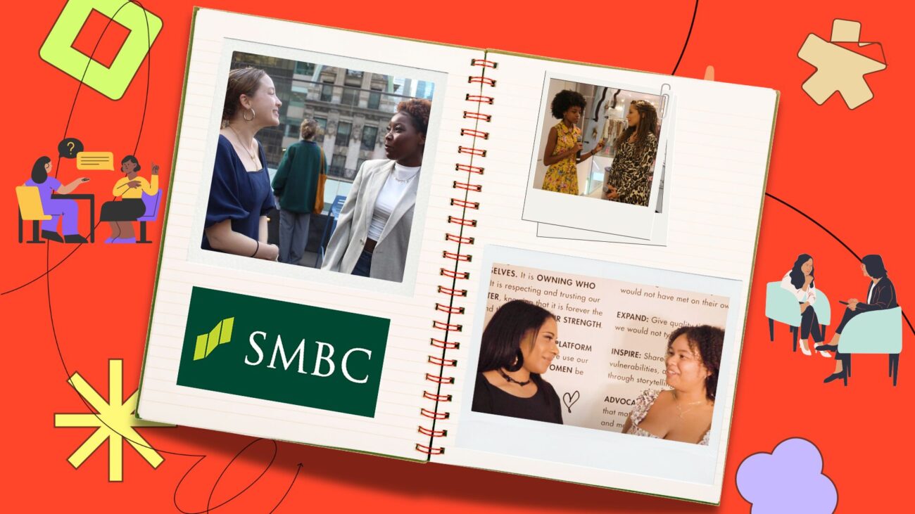 flatlay notebook with polaroids of community members on the pages, set against a red-orange background with illustrative elements and Sumitomo Mitsui Banking Corporation logo.