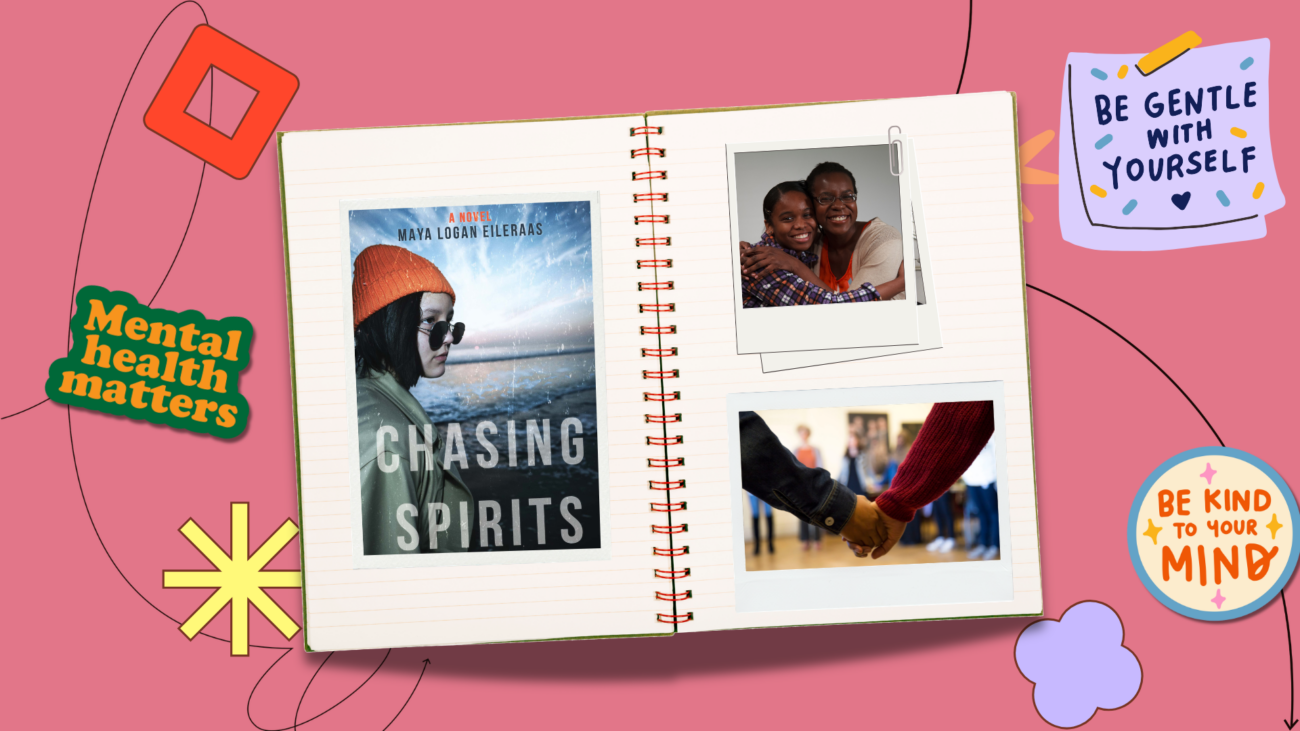 flatlay notebook with polaroids of community members and cover of Chasing Spirits by Maya Logan Eileraas on the pages, set against a salmon background with illustrative elements