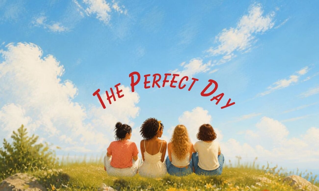Illustration of four friends looking out at the sky from a mountain