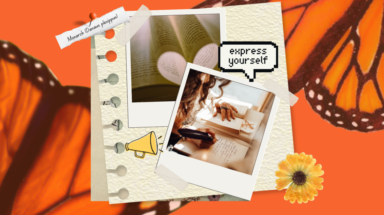 flay-lay notebook with polaroids set against an orange background