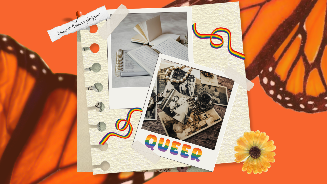 flay-lay notebook with polaroids set against an orange background