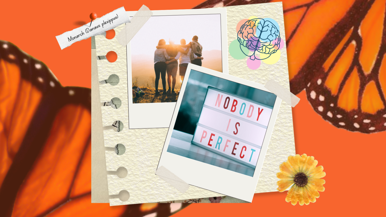 flay-lay notebook with polaroids set against an orange background