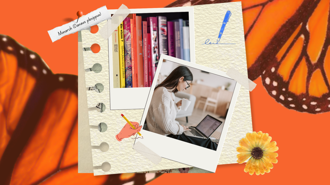 flat-lay notebook with polaroids set against an orange background